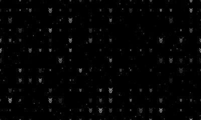 Seamless background pattern of evenly spaced white astrological uranus symbols of different sizes and opacity. Vector illustration on black background with stars