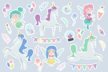 Vector set of stickers fairies, unicorns and magical elements. Fairy tale concept clipart for planner, scrapbooking and decor
