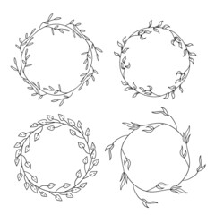 Vector set of botanical hand draw round frames. Vintage style floral wreaths