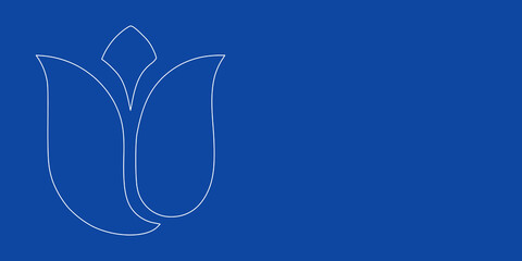 A large white outline tulip on the left. Designed as thin white lines. Vector illustration on blue background