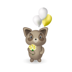 Vector 3d illustration, cute dog is holding balloons and flowers. Kawaii kind cartoon animal. Suitable for cards, baby products, children's books, goods.