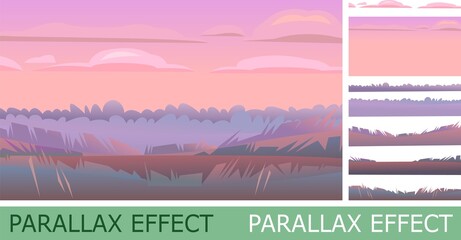 Evening landscape with parallax effect. Rural countryside beautiful view. Twilight after sunset. Early in the morning before dawn. Fields and meadows. Grass close up. Flat style. Vector