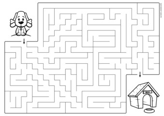 Vector black line printable maze. Format A4. Coloring book educational maze with cute cartoon elephant looking for a gift. Landscape size.