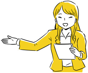 笑顔で紹介するビジネスウーマン