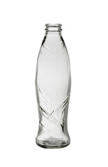 An empty, open bottle made of transparent glass. For non-alcoholic, carbonated refreshing drinks. Isolated on a white background, close-up.