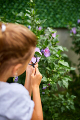 Naklejka premium The child, little girl , holding and look through magnifying glass on flowers in her backyard