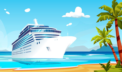 White cruise ship stop sandy island shore, wild beach, palms. Liner, boat voyage at South sea, Pacific, Atlantic ocean. Calm good weather day marine, nature landscape, scenery. Vector illustration