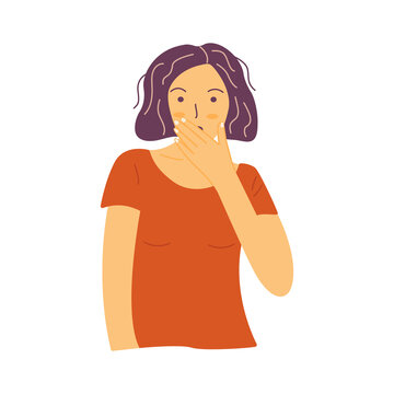Girl covers her mouth with her hand in surprise. Colorful vector isolated illustration hand drawn. Amazement at what he heard or saw, shock or fright