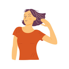 Young girl with a bob playfully brushes her hair to the side. Colorful vector isolated illustration hand drawn