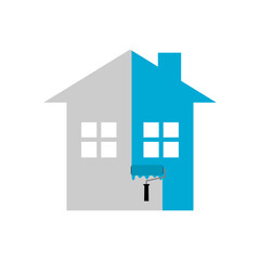 Paint roller brush with painted marking colored blue wall of home or house icon flat vector design.