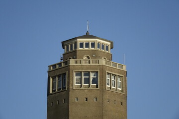 Top of Zandvoort water tower Watertoren under blue sky, low angel view (horizontal), Zandvoort, North Holland, Netherlands