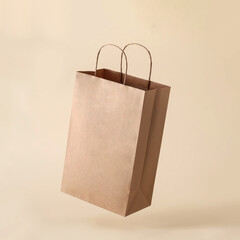 Cardboard brown levitation paper bag for shop shopping and business mockup.