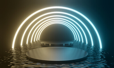 3D black podium with circle neon lights.