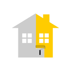 Paint roller brush with painted marking colored yellow wall of home or house icon flat vector design.