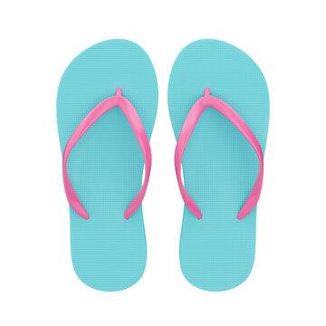 Blue and pink flip flops isolated on white. Summer beach shoes. 3d rendering.