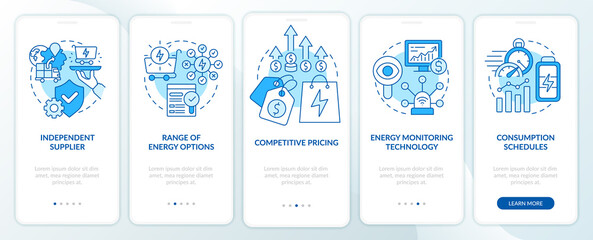 Energy strategy key components blue onboarding mobile app screen. Walkthrough 5 steps graphic instructions pages with linear concepts. UI, UX, GUI template. Myriad Pro-Bold, Regular fonts used