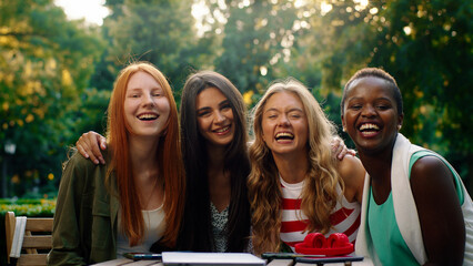 Four beautiful unique looking women are laughing and having the time of their lives while being...