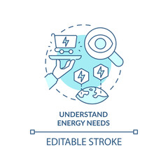 Understand energy needs turquoise concept icon. Step to energy strategy abstract idea thin line illustration. Isolated outline drawing. Editable stroke. Arial, Myriad Pro-Bold fonts used