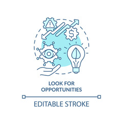 Look for opportunities turquoise concept icon. Key step to energy strategy abstract idea thin line illustration. Isolated outline drawing. Editable stroke. Arial, Myriad Pro-Bold fonts used