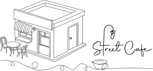 Outline sketch drawing of open street cafe, line art illustration vector silhouette of street corner food cafe