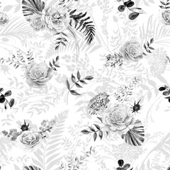 Watercolor vintage black and white seamless pattern with a herbarium of rose flowers and tropical palm leaves for summer textiles of dresses and clothes