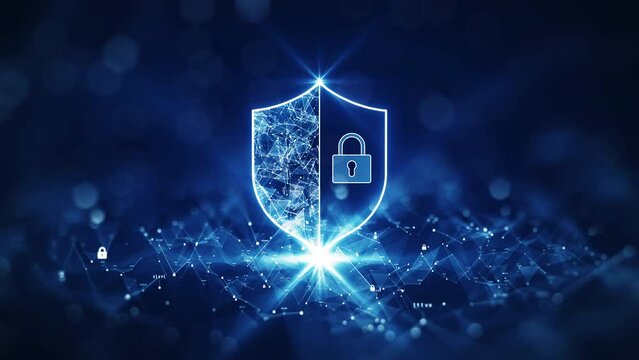 The prominent shield in the middle was cut in half. The left side shows the connected polygons. On the right is a large padlock. Small key binary code polygon blur outer dark blue background.