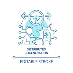 Distributed cogeneration turquoise concept icon. Successful energy management abstract idea thin line illustration. Isolated outline drawing. Editable stroke. Arial, Myriad Pro-Bold fonts used