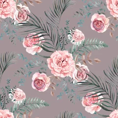 Gardinen Seamless watercolor pattern with a Bouquet of roses and tropical dried flowers in Boho style painted in watercolor for textile and fabrics © Марина Воюш