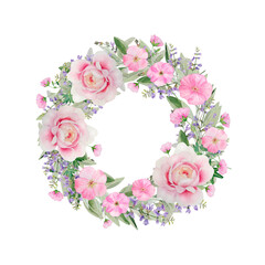 Watercolor delicate wreath with wild roses and herbs. Pink flowers and sage leaves create gentle composition in shabby chic or romantic style. For wedding invitation or greeting cards or other designs