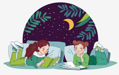Cute girls reading books in the bedroom