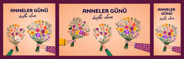 Anneler Günü Kutlu Olsun. Translation: Happy Mother's Day. Perfect for prints, stickers, cards, posters, banners. Bouquet of flowers and floral decorative vector elements.