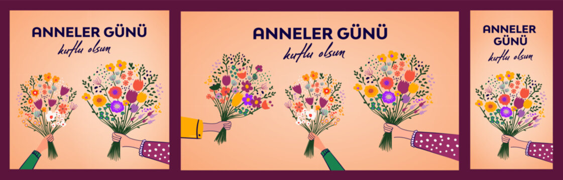 Anneler G&uuml;n&uuml; Kutlu Olsun. Translation: Happy Mother's Day. Perfect for prints, stickers, cards, posters, banners. Bouquet of flowers and floral decorative vector elements.