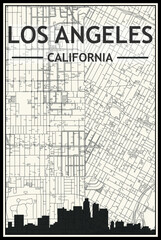 Light printout city poster with panoramic skyline and streets network on vintage beige background of the downtown LOS ANGELES, CALIFORNIA
