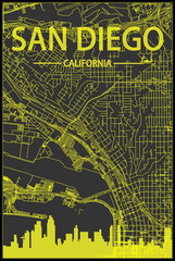 Yellow printout city poster with panoramic skyline and streets network on dark gray background of the downtown SAN DIEGO, CALIFORNIA