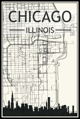 Light printout city poster with panoramic skyline and streets network on vintage beige background of the downtown CHICAGO, ILLINOIS