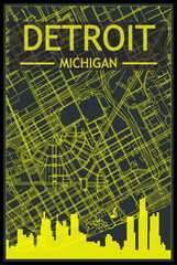 Yellow printout city poster with panoramic skyline and streets network on dark gray background of the downtown DETROIT, MICHIGAN