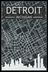 Dark printout city poster with panoramic skyline and streets network on dark gray background of the downtown DETROIT, MICHIGAN