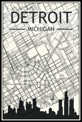 Light printout city poster with panoramic skyline and streets network on vintage beige background of the downtown DETROIT, MICHIGAN