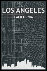 Dark printout city poster with panoramic skyline and streets network on dark gray background of the downtown LOS ANGELES, CALIFORNIA
