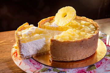 cottage cheese tart pina colada decorated with a pineapple ring