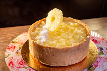 cottage cheese tart pina colada decorated with a pineapple ring