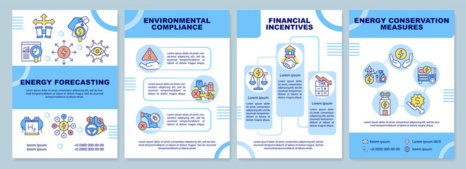 Strategic energy planning blue brochure template. Financial incentives. Leaflet design with linear icons. 4 vector layouts for presentation, annual reports. Arial-Black, Myriad Pro-Regular fonts used