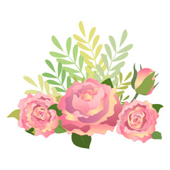 Bouquet of stylized roses and leaves.