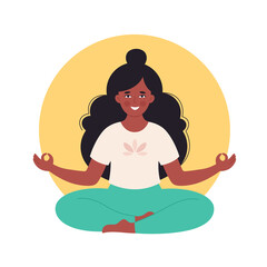 Black woman meditating in lotus pose. Healthy lifestyle, yoga, relax, breathing exercise. World yoga day. Hand drawn vector illustration