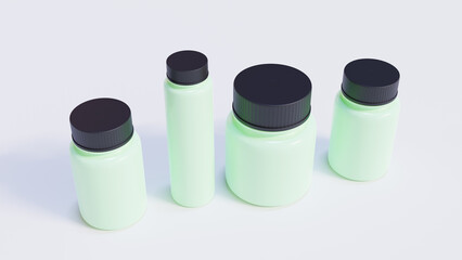 Multiple Green Medicine Bottles With Black Caps