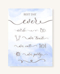Naklejka na ściany i meble Best day ever. Wedding Timeline menu on wedding day with blue watercolor stain.