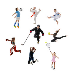 Sport collage. Tennis, running, soccer or football, basketball, hockey, volleyball, boxing, MMA fighter and gymnastics. Kids sports concept - obrazy, fototapety, plakaty