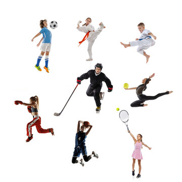 Sport collage. Tennis, running, soccer or football, basketball, hockey, volleyball, boxing, MMA fighter and gymnastics. Kids sports concept
