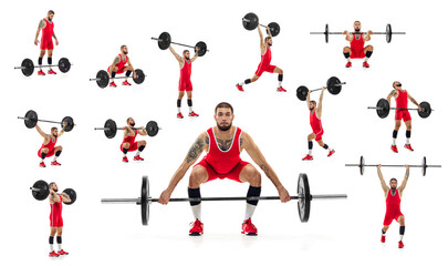 Fototapeta na wymiar Set of portraits of sportive man, weightlifter training, lifting heavy barbell isolated over white studio background