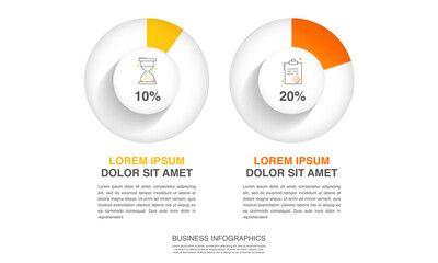 Vector infographic design template. Modern concept with 2 steps. Creative timeline with graph elements, percentage circles and icons. Performance analysis in percent